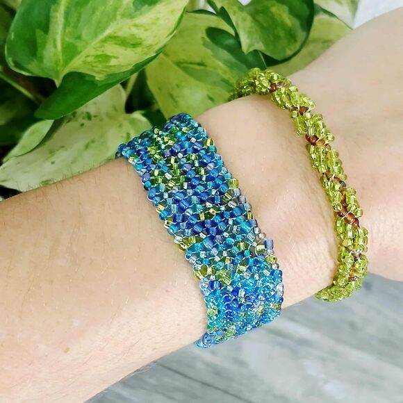 Boho Chic Beaded Bracelet, Green & Blue Seed Bead Jewelry, Herringbone 6" - Picture 2 of 7